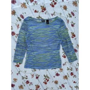 Vintage Sheer Mesh Top Medium Blue Green Wavy Abstract Stretchy Y2K Retro 90s